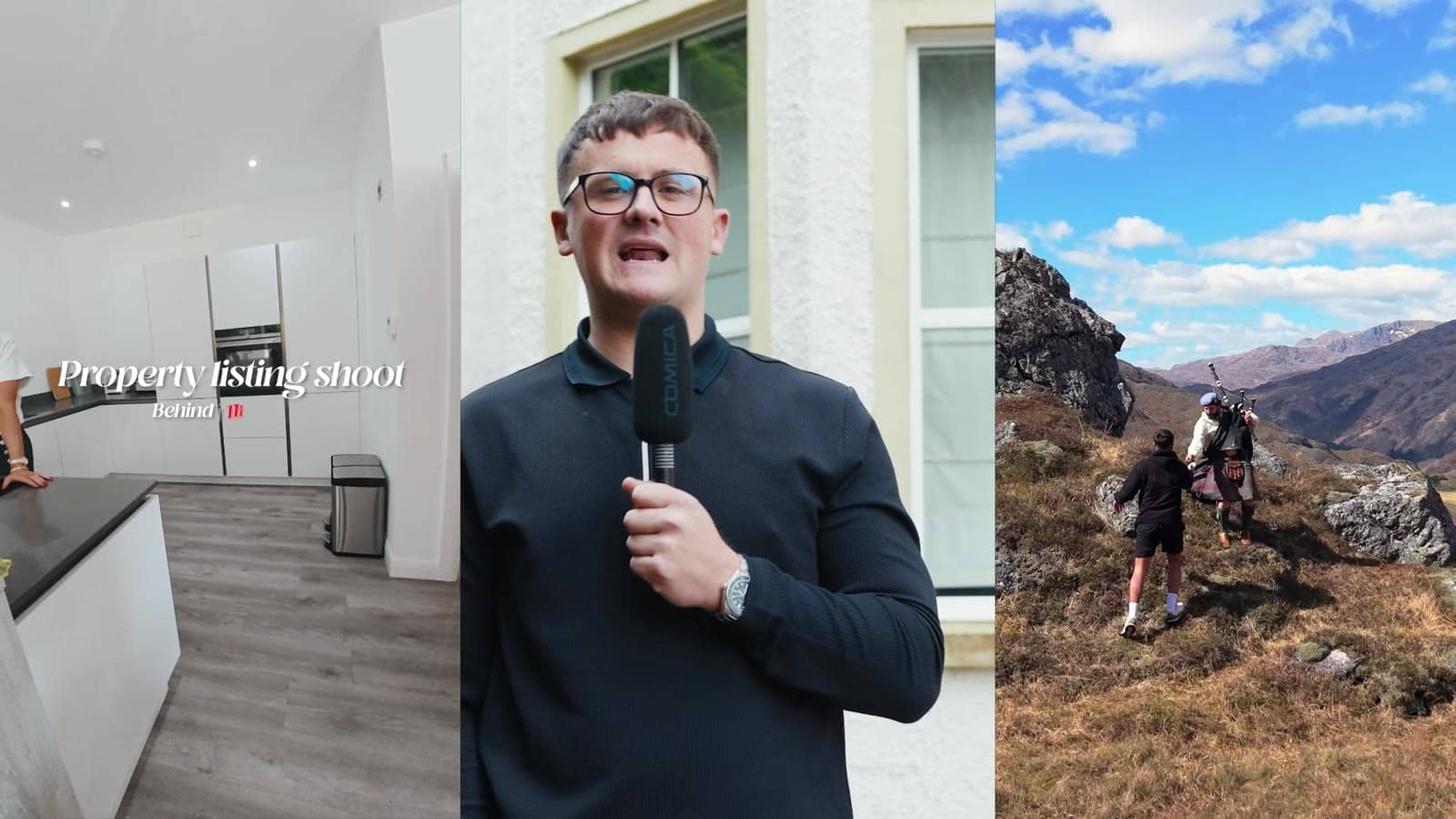 Stills from the BCreative showreel: a property listing shoot, a presenter filming to camera and a film crew on a Highland hillside