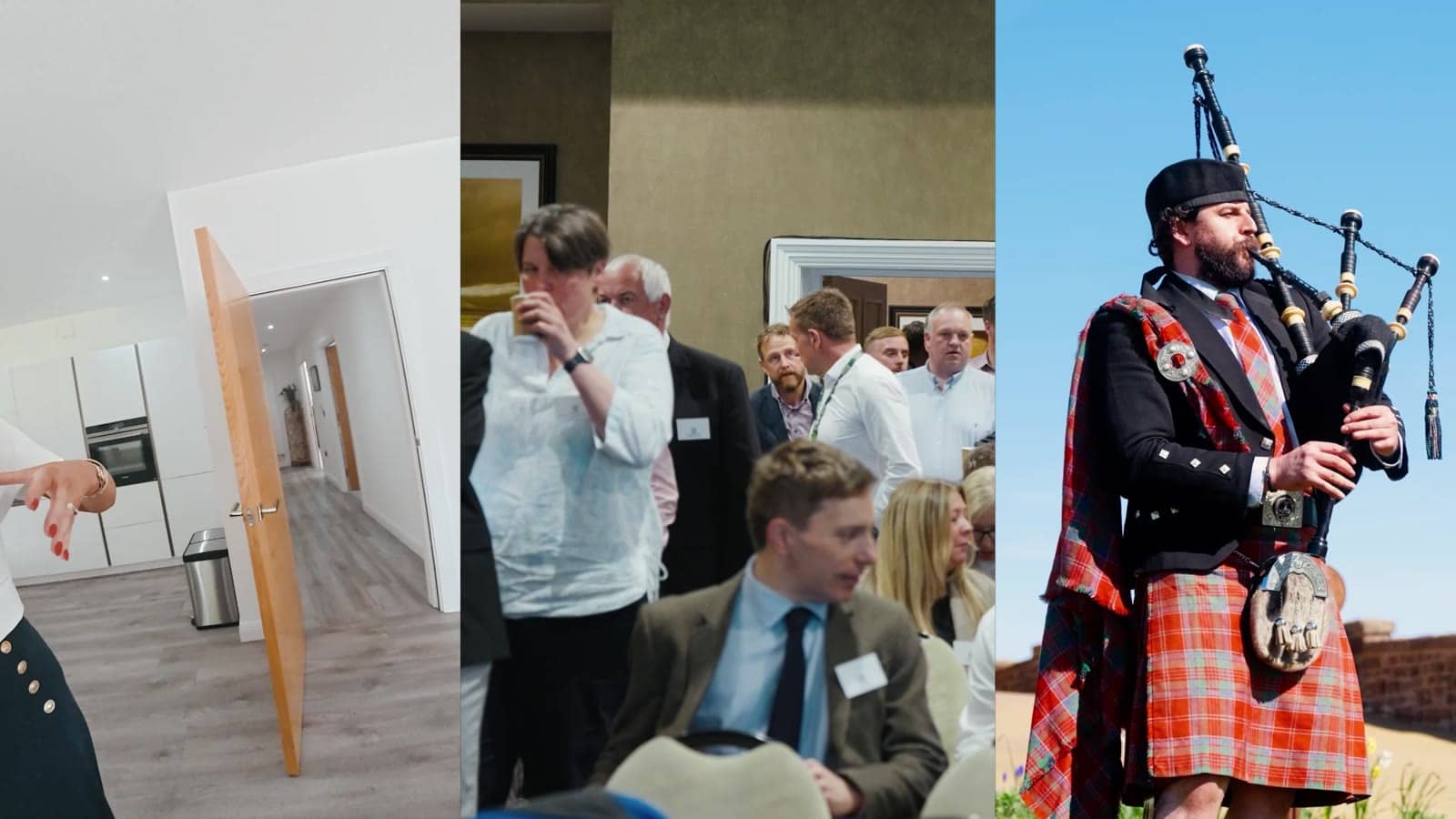 Stills from the BCreative showreel: a property interior walkthrough, a business networking event and a piper in full Highland dress