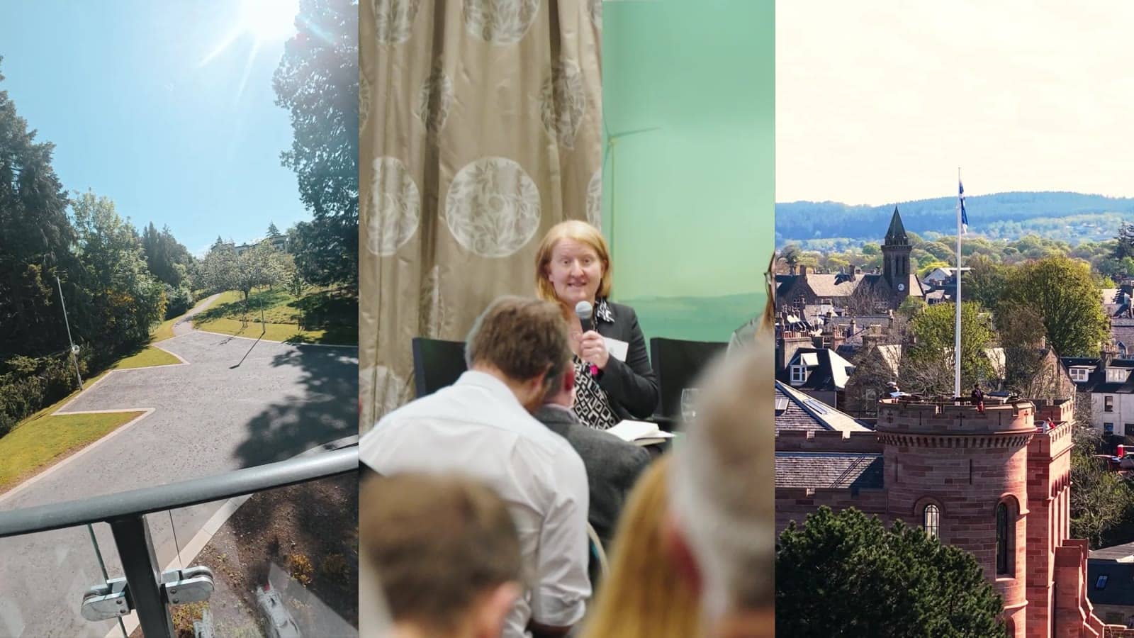 Stills from the BCreative showreel: a sunlit tree-lined road, a speaker addressing an indoor event and rooftops of Inverness